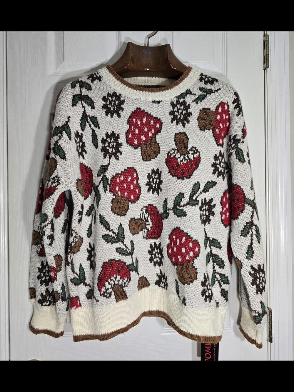 ROMWE Cream Knit Crewneck Sweater with Mushroom Motif Cottagecore, Fairycore